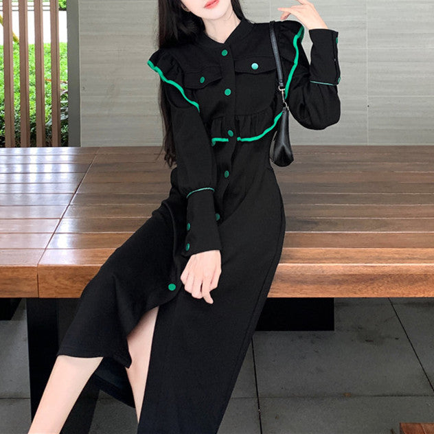 【Dress】フリル配色ロング丈ニットワンピース W7984