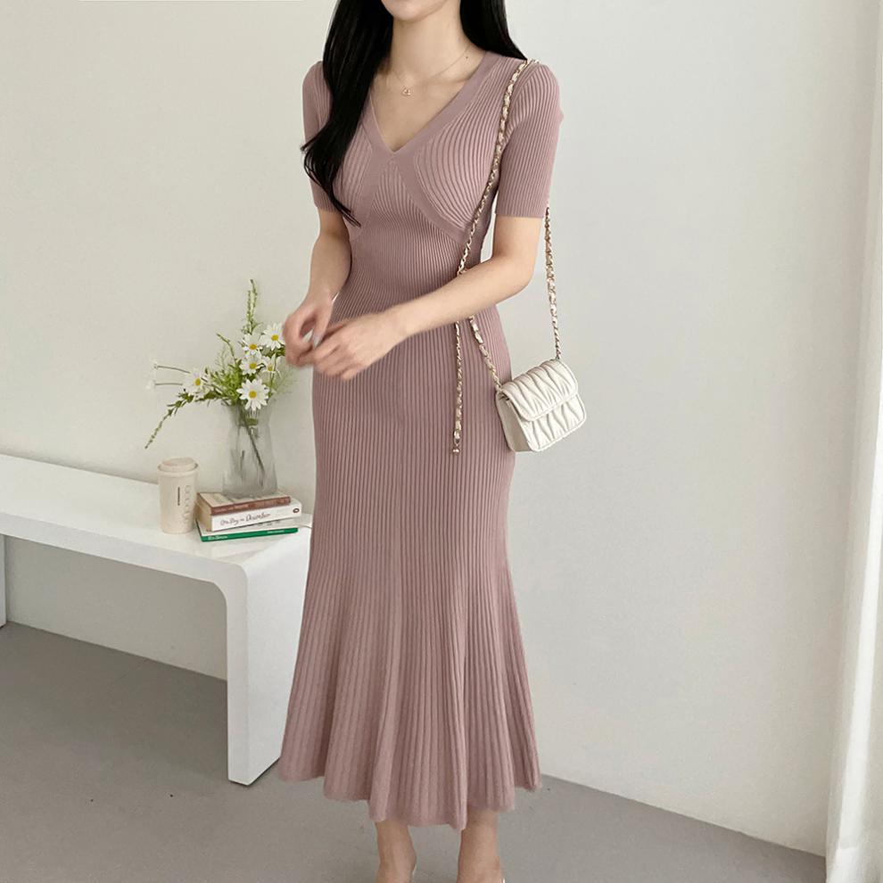 【Dress】大人シンプル無地vネック半袖マーメイドワンピース Z-5672