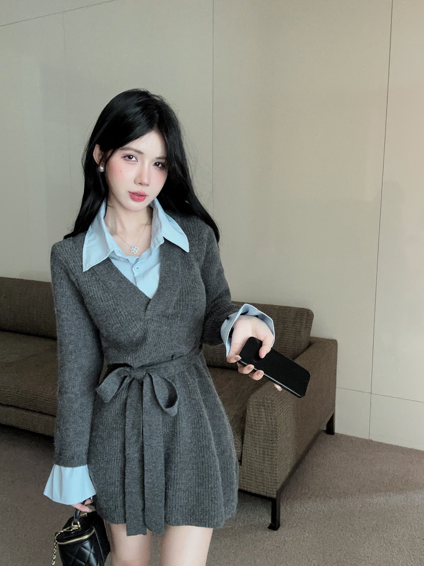 【Dress】フェイクレイヤードニットワンピース W14432