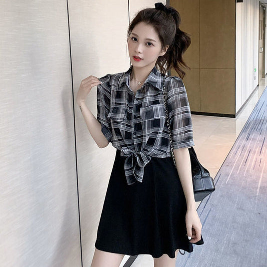 【Set】低身長方おすすめ2点セット 長袖シャツ + キャミワンピ Z-5684