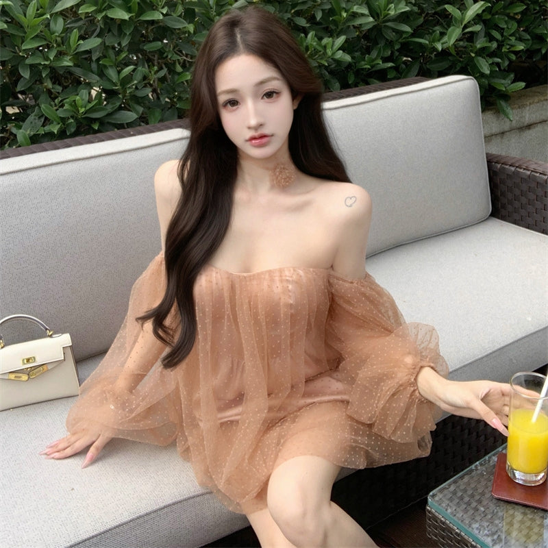 【Dress】ワンショルダーパフスリーブドレス T01408
