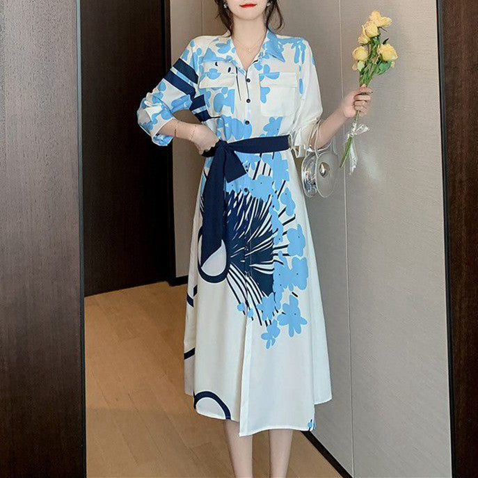【Dress】フェミニン人気プリント知的長袖シャツワンピース W7725