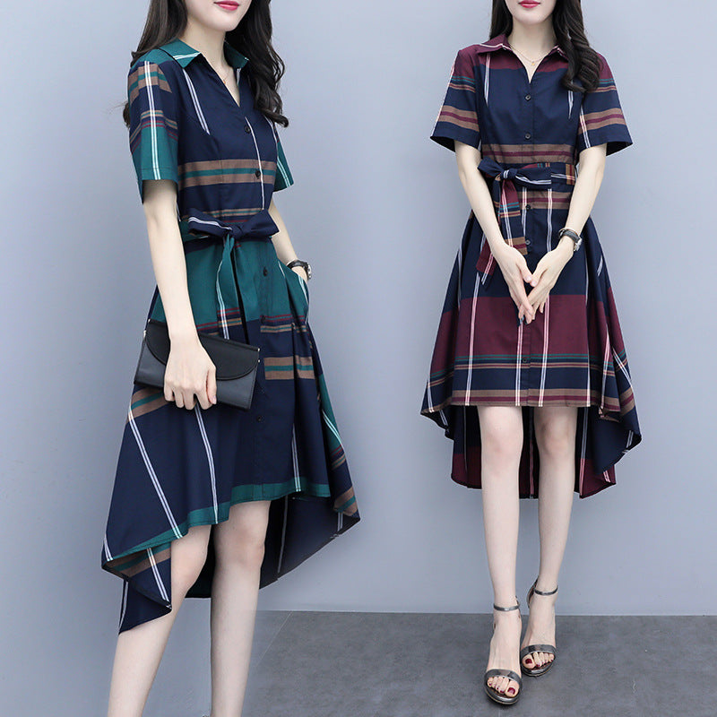 【Dress】大人らしい~夏季チェック柄半袖きれいめ不規則シャツワンピース W-6003