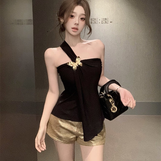 【Set】蝶々ブローチ付きトップス+ショートパンツセット T01384