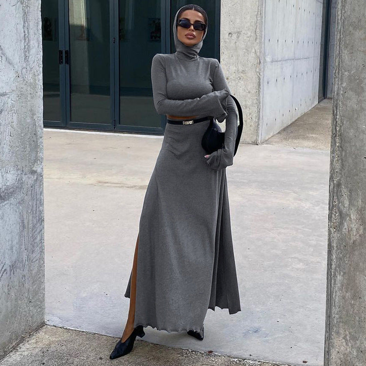 【Set】フード付きトップス+ ハイスリットスカート2点セット T01286