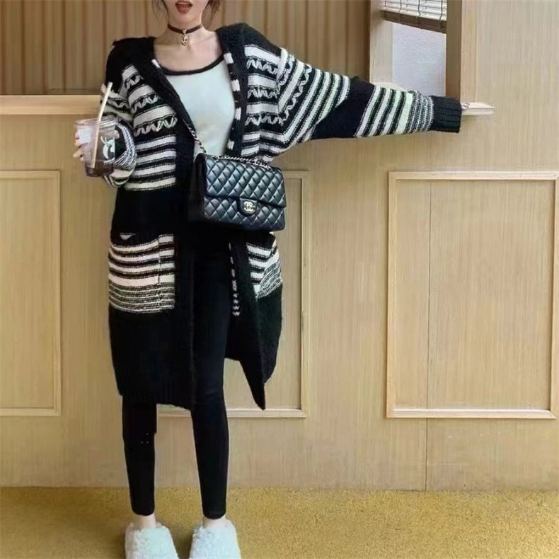 【Outer】フード付き春秋ニットカーディガン W13730