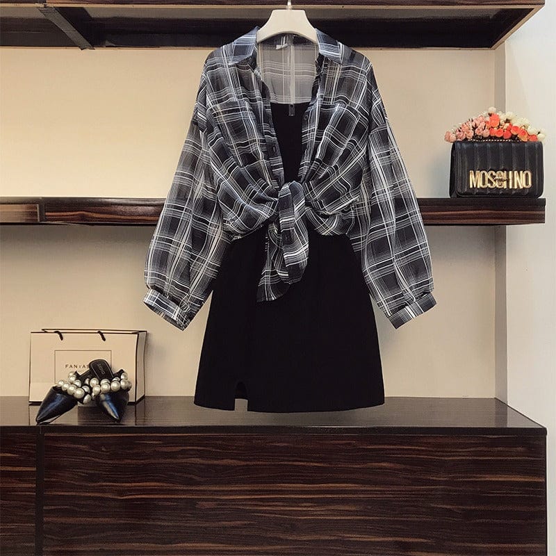 【Set】チェック柄シャツ + キャミワンピース重ね着2点セット   Z-2403