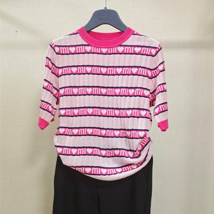 【Tops】半袖ボーダー柄ニット W13273