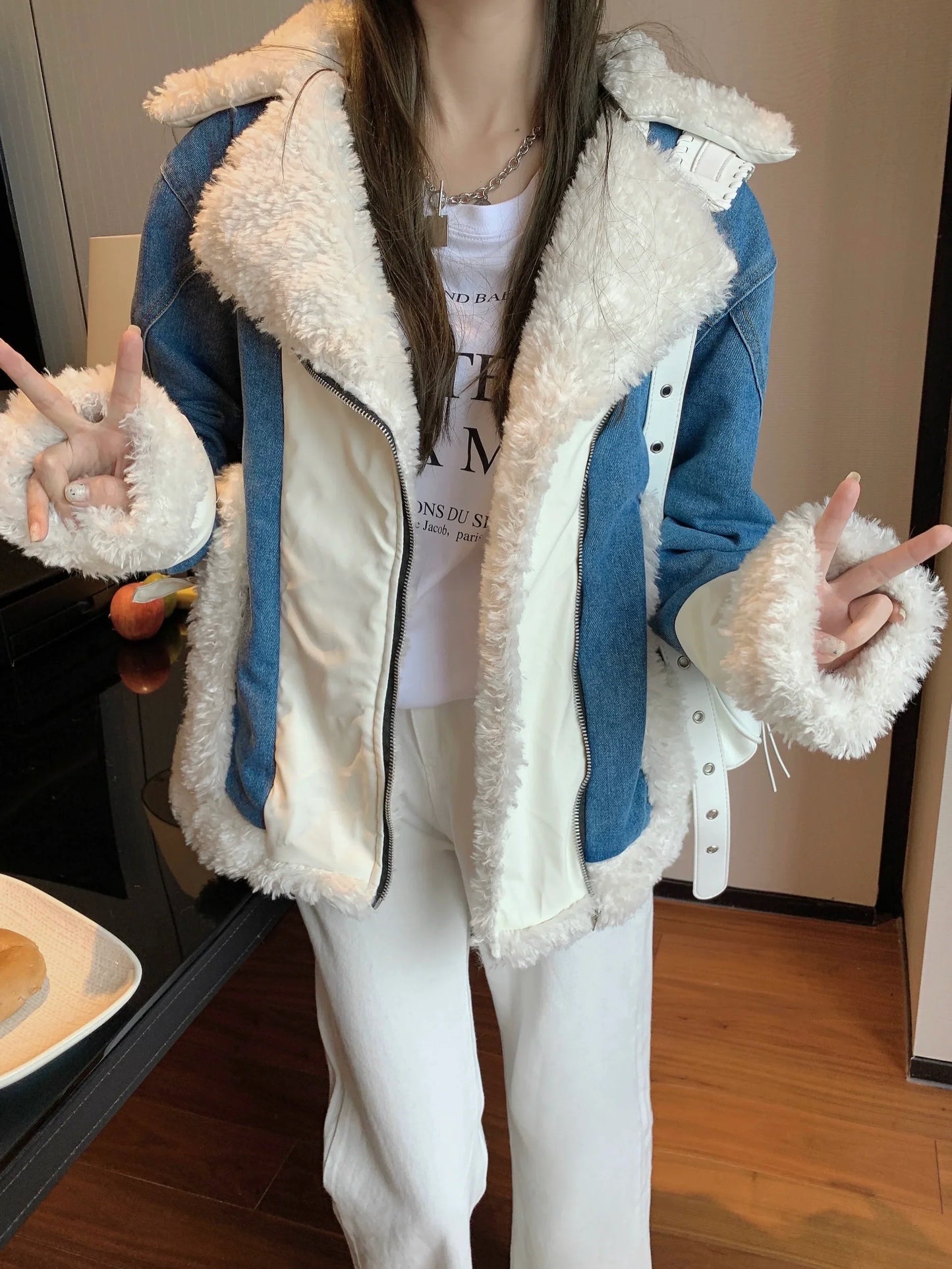 【Outer】デニム切替ラムウームブルゾンジャケット W9434