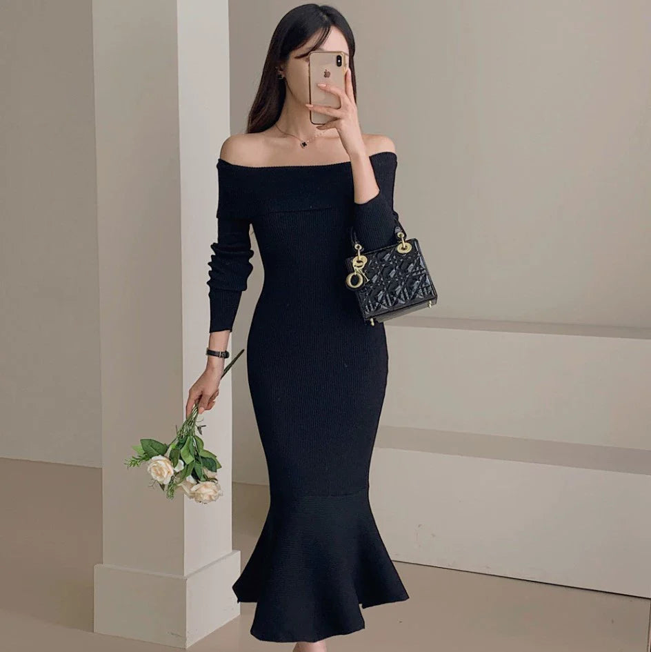 【Dress】オフショルダーマーメイドワンピース W8194