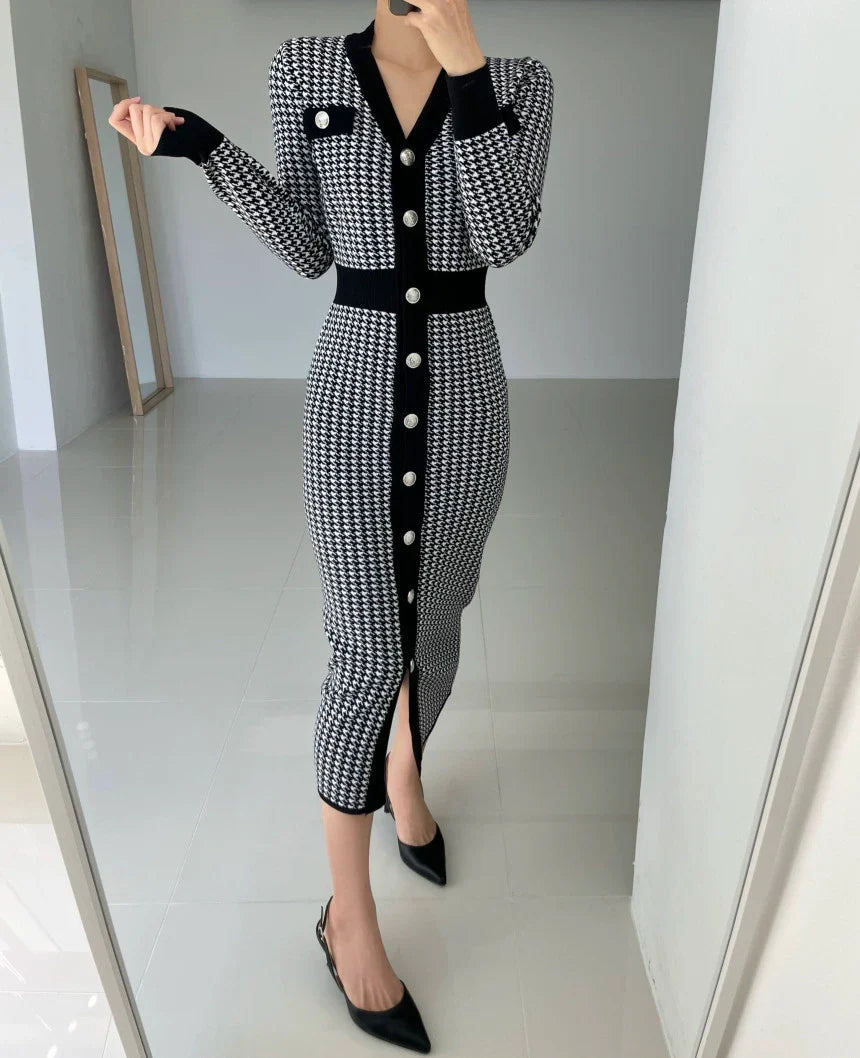 【Dress】千鳥格子Vネックニットワンピース W8035