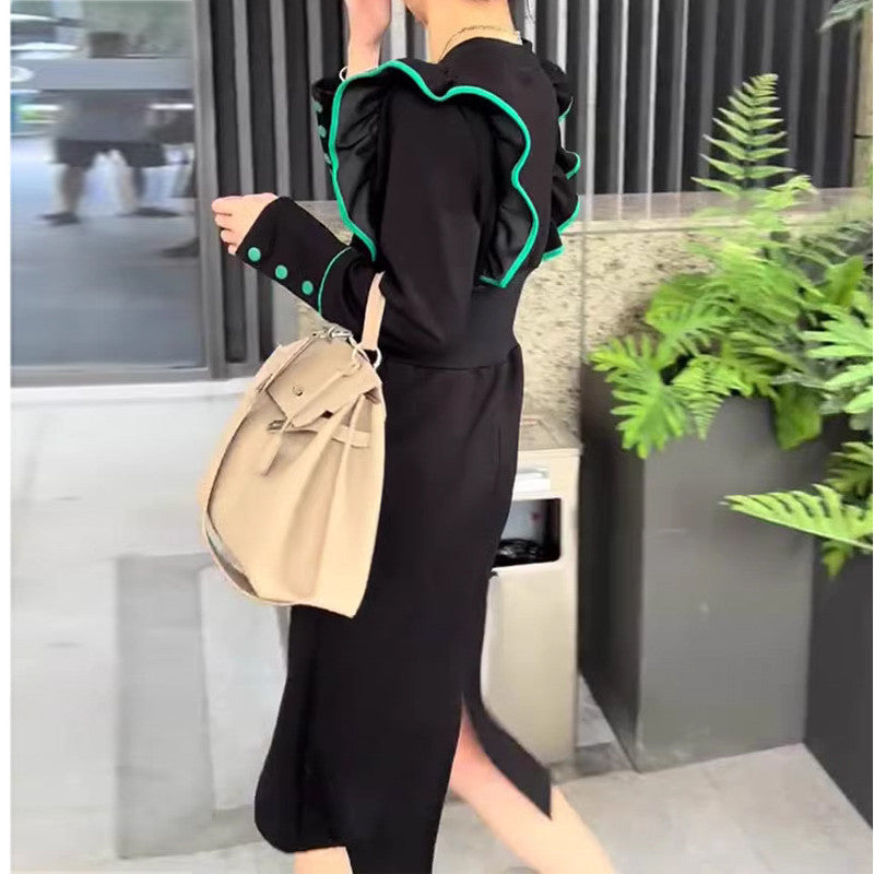 【Dress】フリル配色ロング丈ニットワンピース W7984
