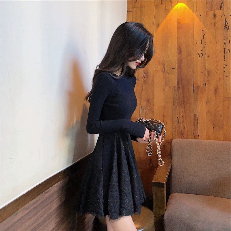 【Dress】チュール切替ニットワンピース W8214