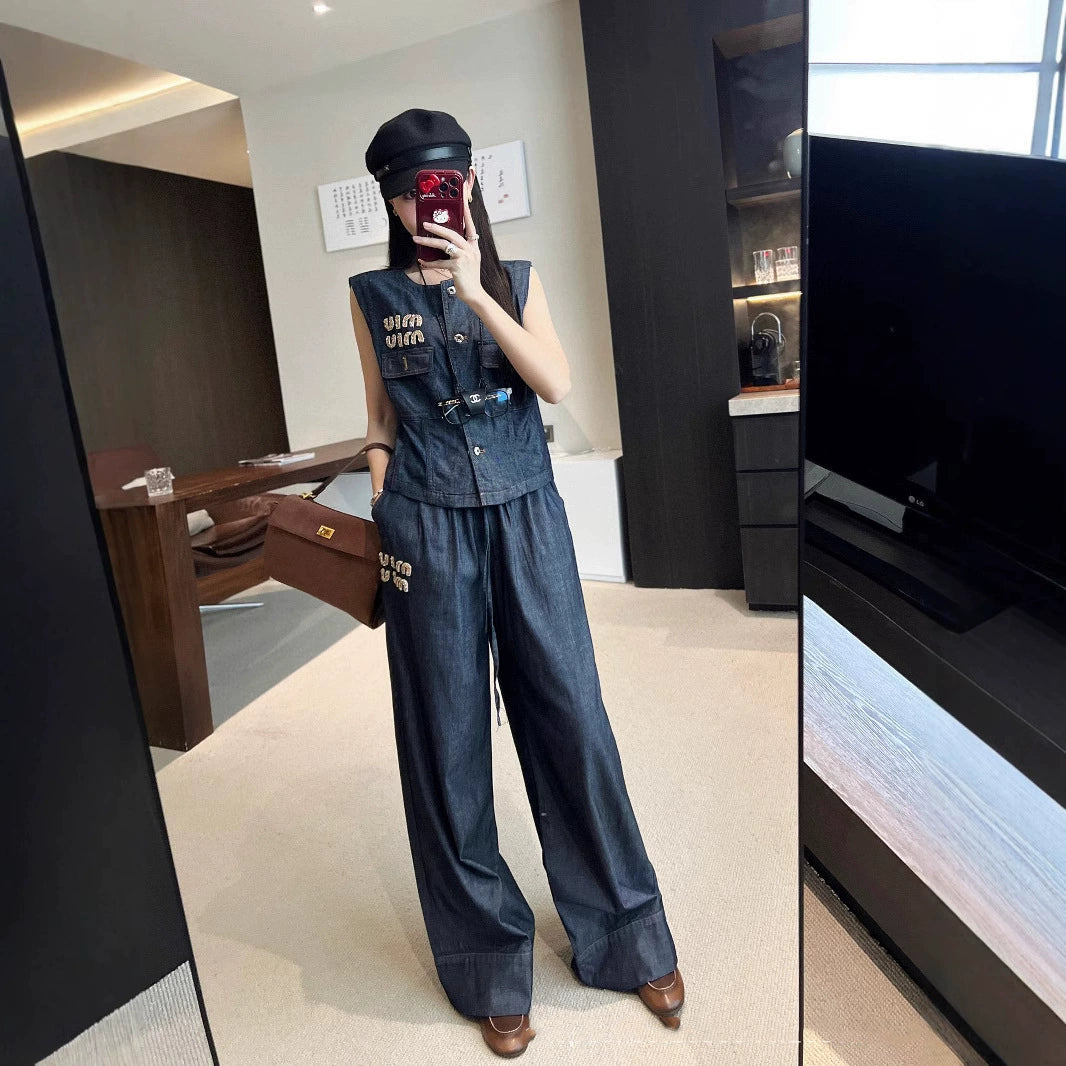 【Set】ビーズデニムスーツベスト+ストレートパンツセット T01480