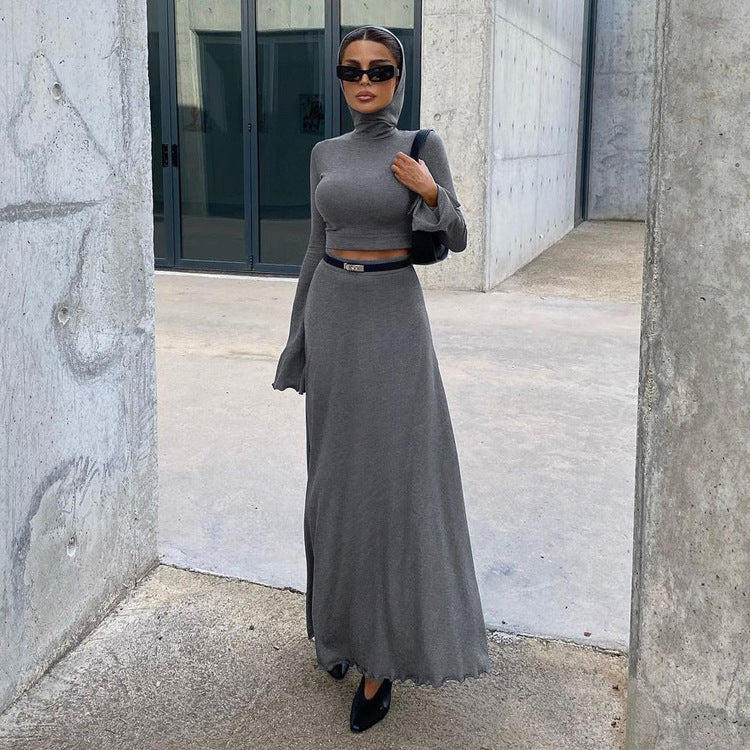 【Set】フード付きトップス+ ハイスリットスカート2点セット T01286