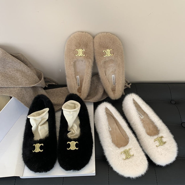 【Shoes】3色ファーフラットシューズ W9985
