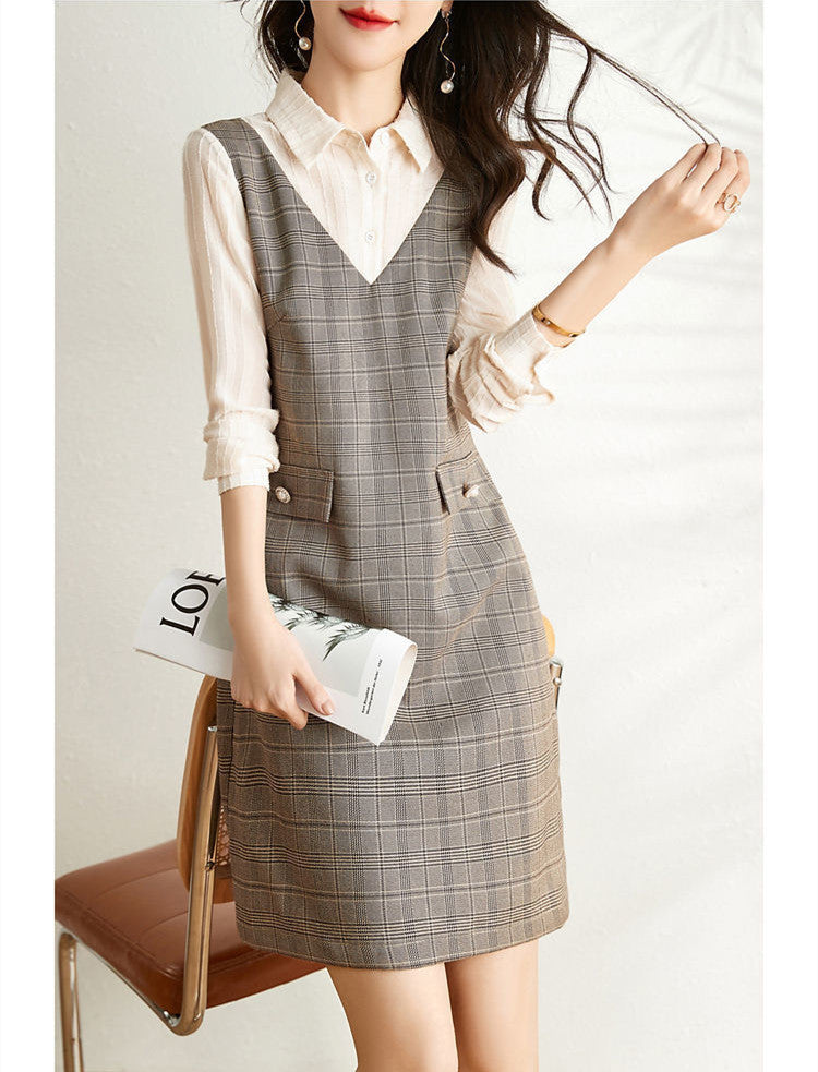 【Dress】チェック柄フェイクレイヤードワンピース W9326