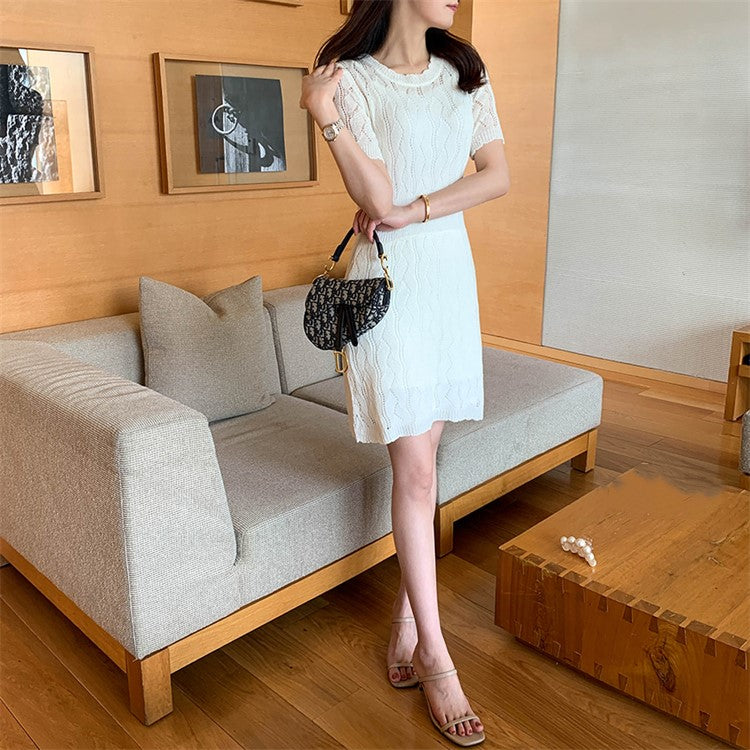 【Dress】2色展開~韓国ファッションins風Aライン半袖ニットワンピース着痩せ Z-5065