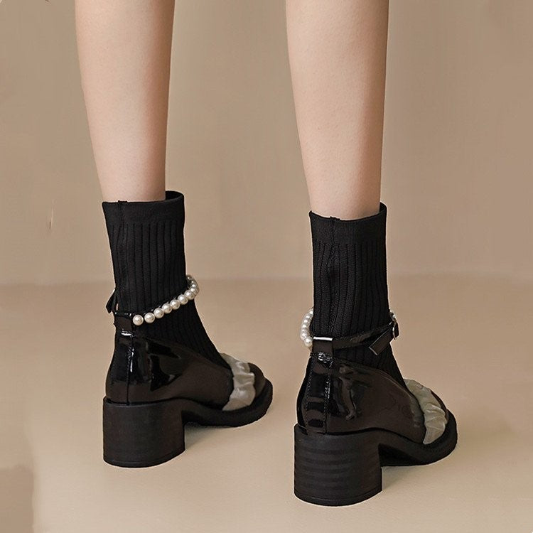 【Shoes】人気ニット切替ショートブーツ Z-5978