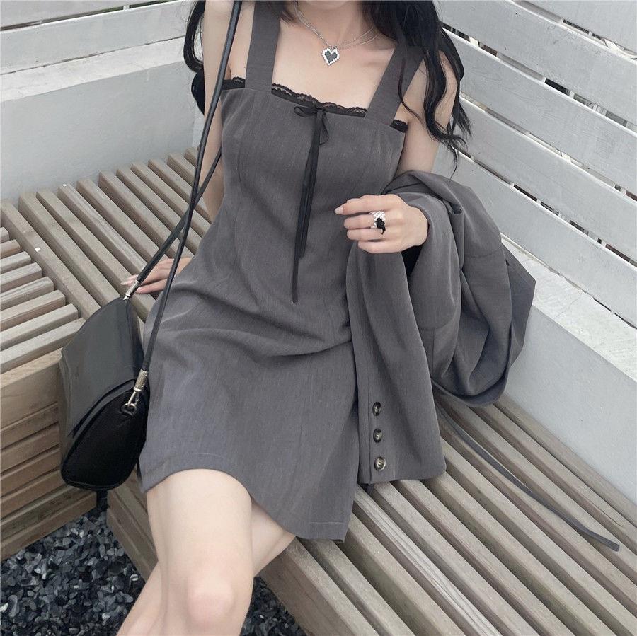 【Set】低身長方おすすめ2点セット 長袖コート + キャミソールワンピース W7655