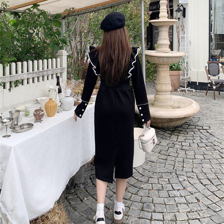 【Dress】フリル配色ロング丈ニットワンピース W7984