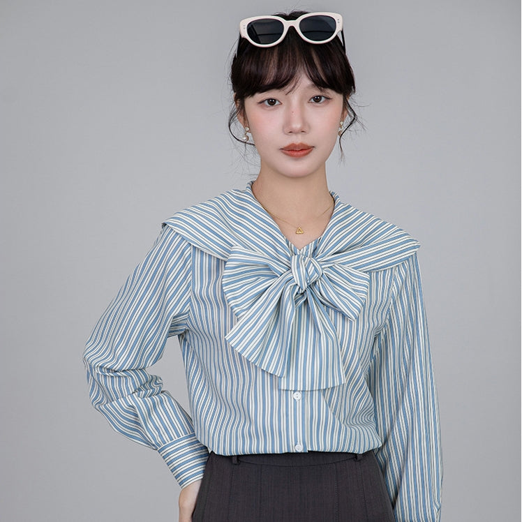 【Tops】リボンストライプシャツ T01609