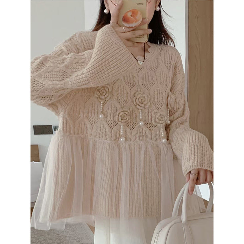 【Tops】チュール切り替えニット W13736
