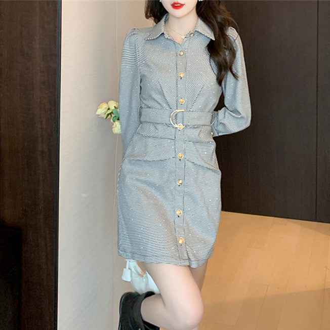 【Dress】チェック柄長袖シャツワンピース W8084