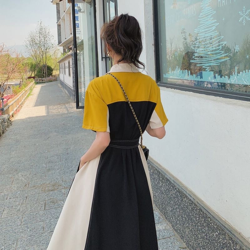 【Dress】着回し抜群~レディース配色ハイウエストAライン半袖マキシ丈シャツワンピース Z-3001