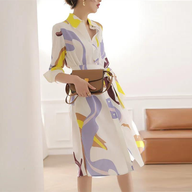 【Dress】高見え効果~ウエスト絞りプリントAライン半分袖シャツワンピース W-6225