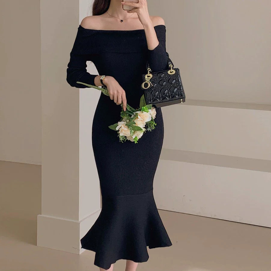 【Dress】オフショルダーマーメイドワンピース W8194