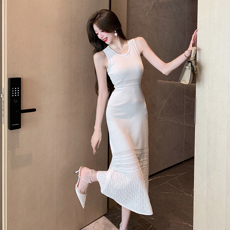 【Dress】クルーネック夏ノースリーブ柔らかいニットワンピース Z-5498
