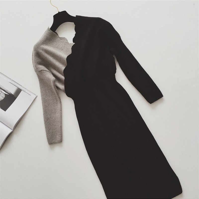 【Dress】Vネック配色タイトニットワンピース W8010