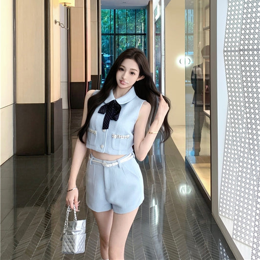 【Set】リボン付きノースリーブトップス×ベルト付きショートパンツセット T01388