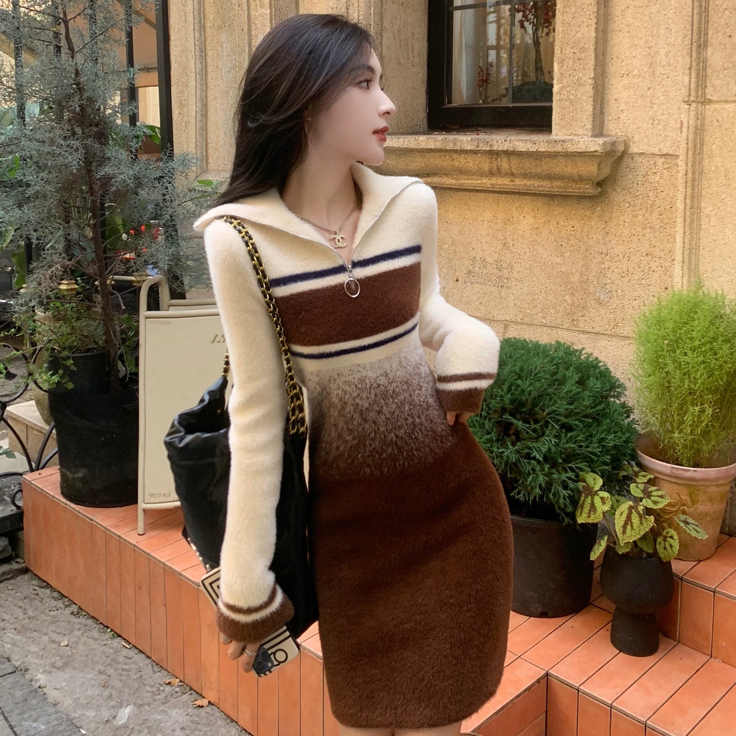 【Dress】配色ニットワンピース W10065