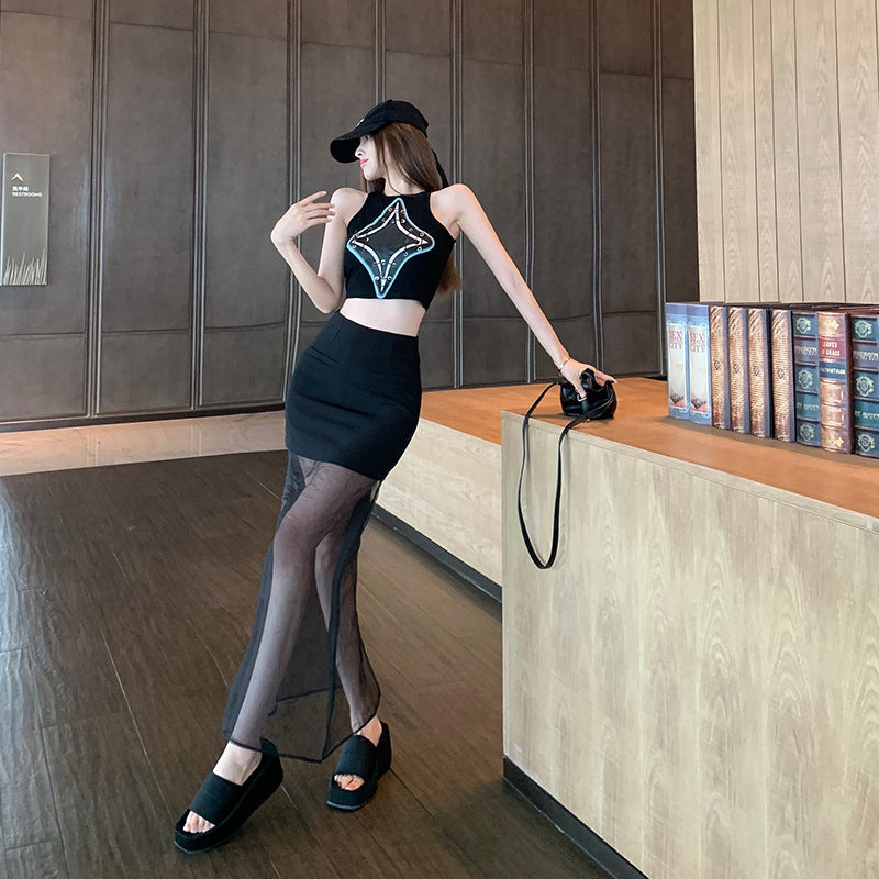 【Bottoms】切り替えAライン透け感ロングスカート黒 Z-5643