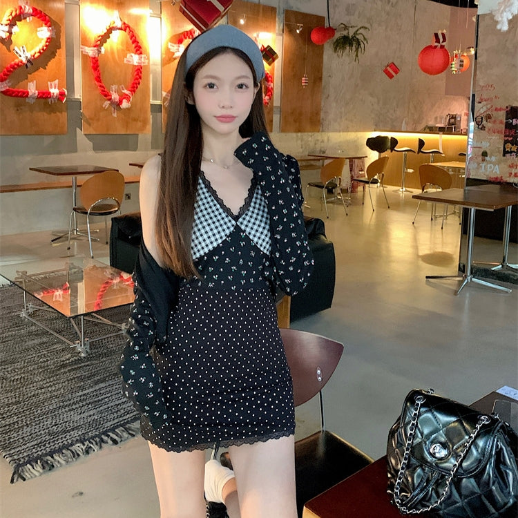 【Set】花柄カーディガン+切り替えワンピース2点セット T01360