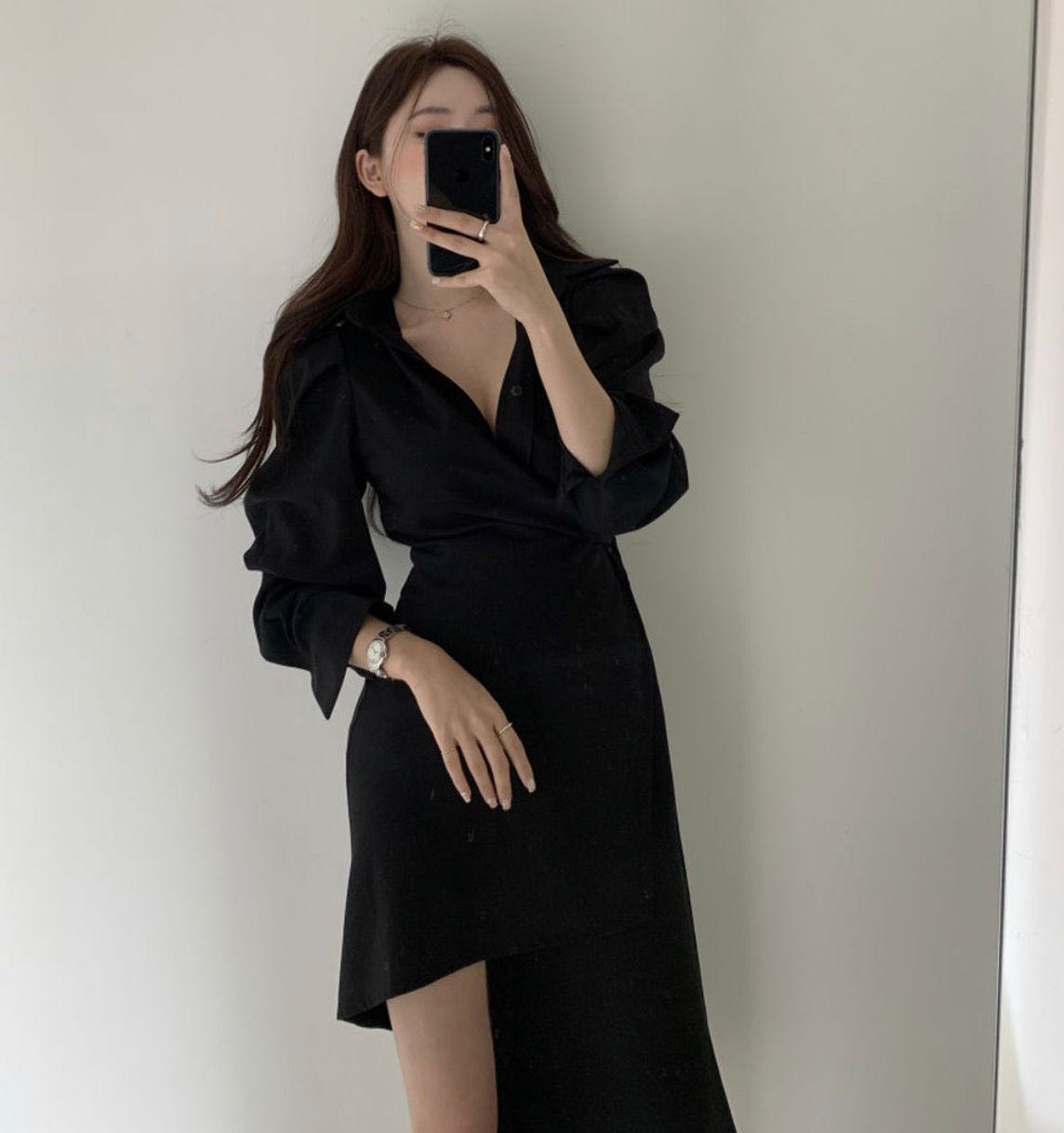 【Dress】韓国ファッションins風イレギュラー春秋ハイウエスト着痩せシャツワンピース2色選択可 Z-4744