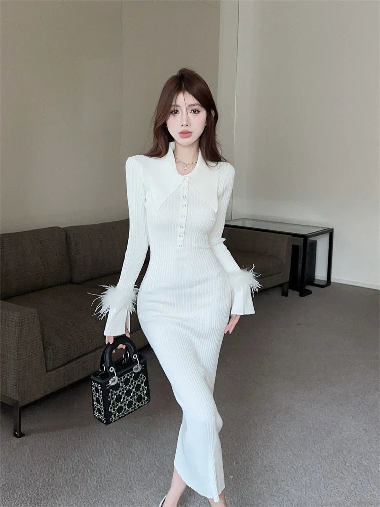 【Dress】フェイクファー切替ニットワンピース W9679