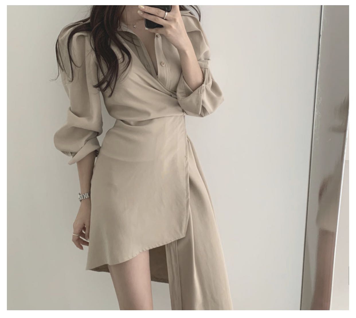 【Dress】韓国ファッションins風イレギュラー春秋ハイウエスト着痩せシャツワンピース2色選択可 Z-4744