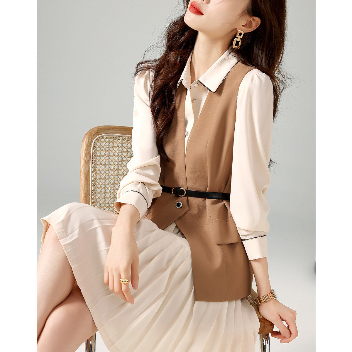 【Set】ベスト+シャツワンピース2点セット W8419