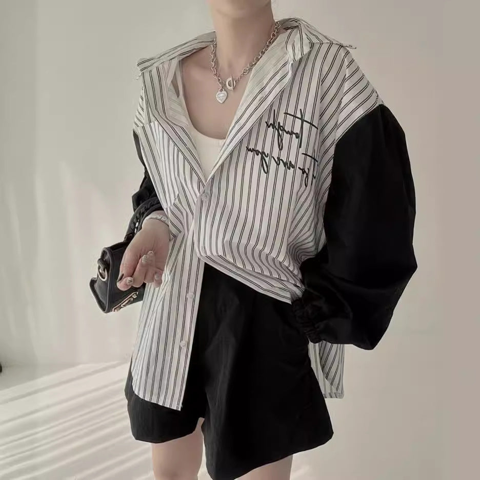 【Tops】4色展開配色シャツ W11765