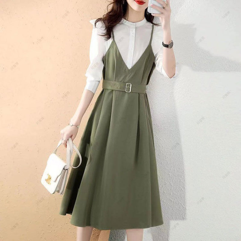 【Dress】フェイクレイヤードシャツワンピース W8694