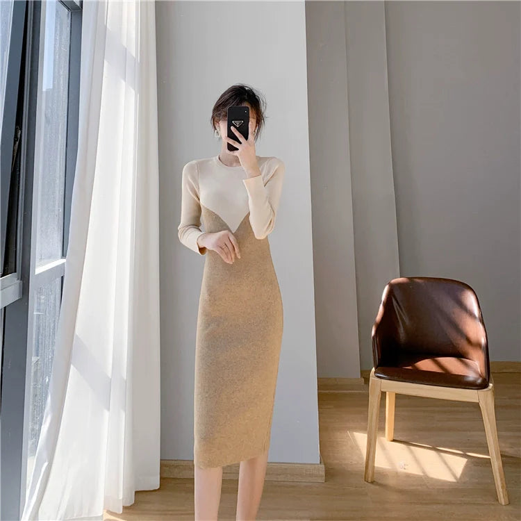 【Dress】2色配色ニットワンピース W9677