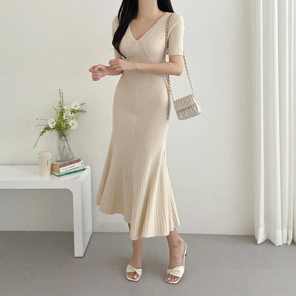 【Dress】大人シンプル無地vネック半袖マーメイドワンピース Z-5672