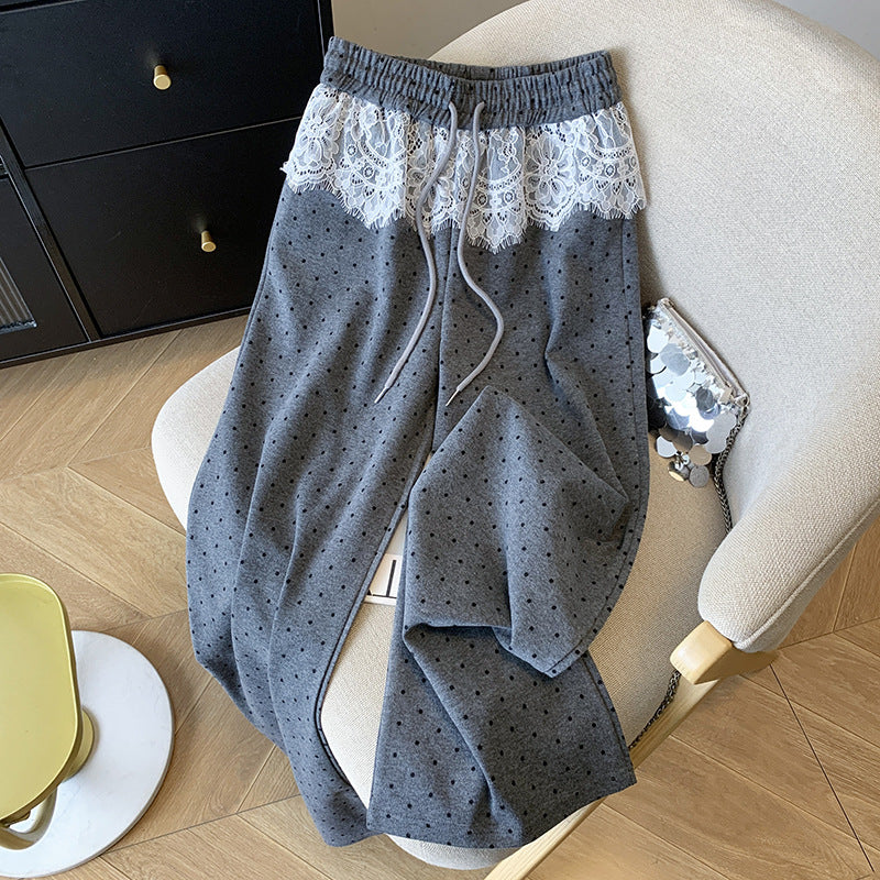 【Bottoms】レース切り替えドット柄パンツ T01371