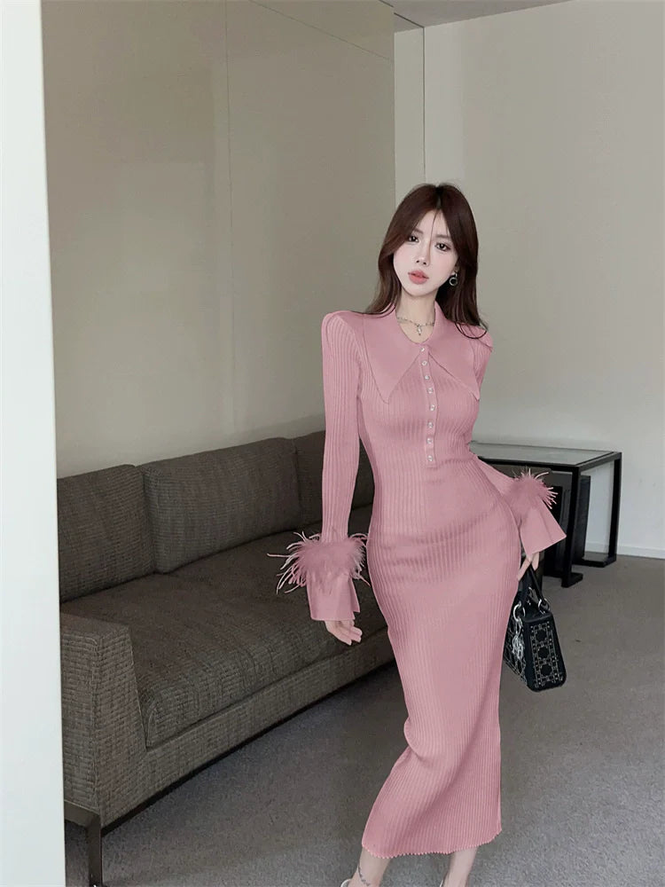 【Dress】フェイクファー切替ニットワンピース W9679