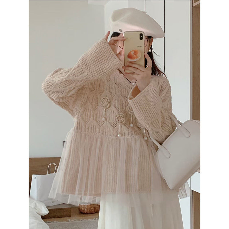 【Tops】チュール切り替えニット W13736