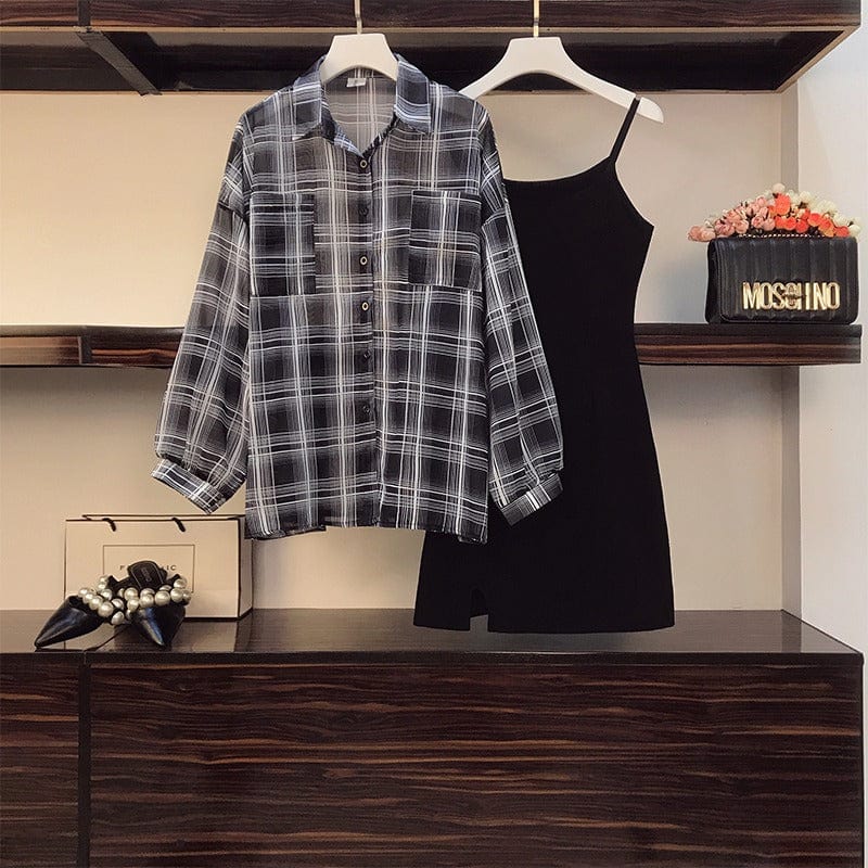 【Set】チェック柄シャツ + キャミワンピース重ね着2点セット   Z-2403