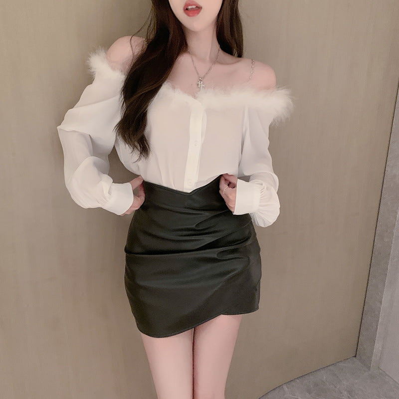 【Tops】オフショルダーファーシャツ W13517